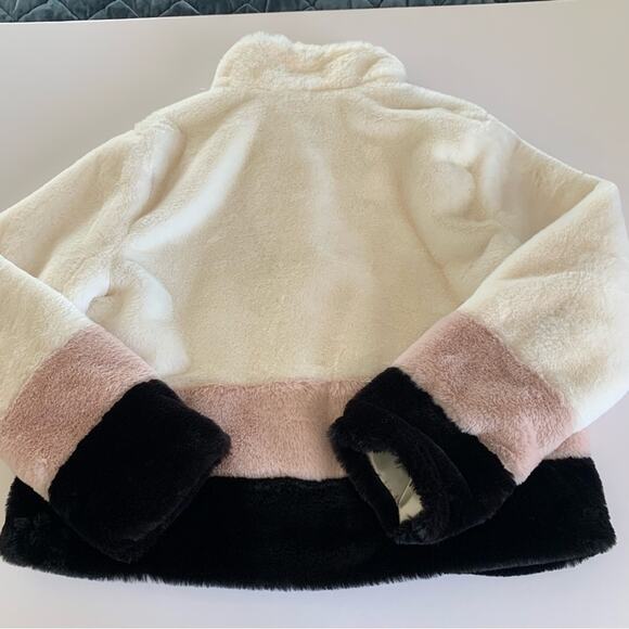 Forever 21 White/Black/Light Pink Colorblock Faux Fur Coat Jacket Large - Picture 5 of 8